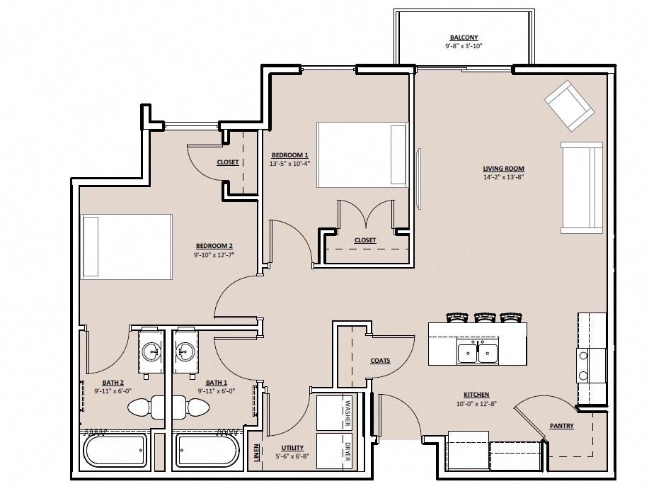 Floor plan for 2 beds, 2 baths, 1029 sqft